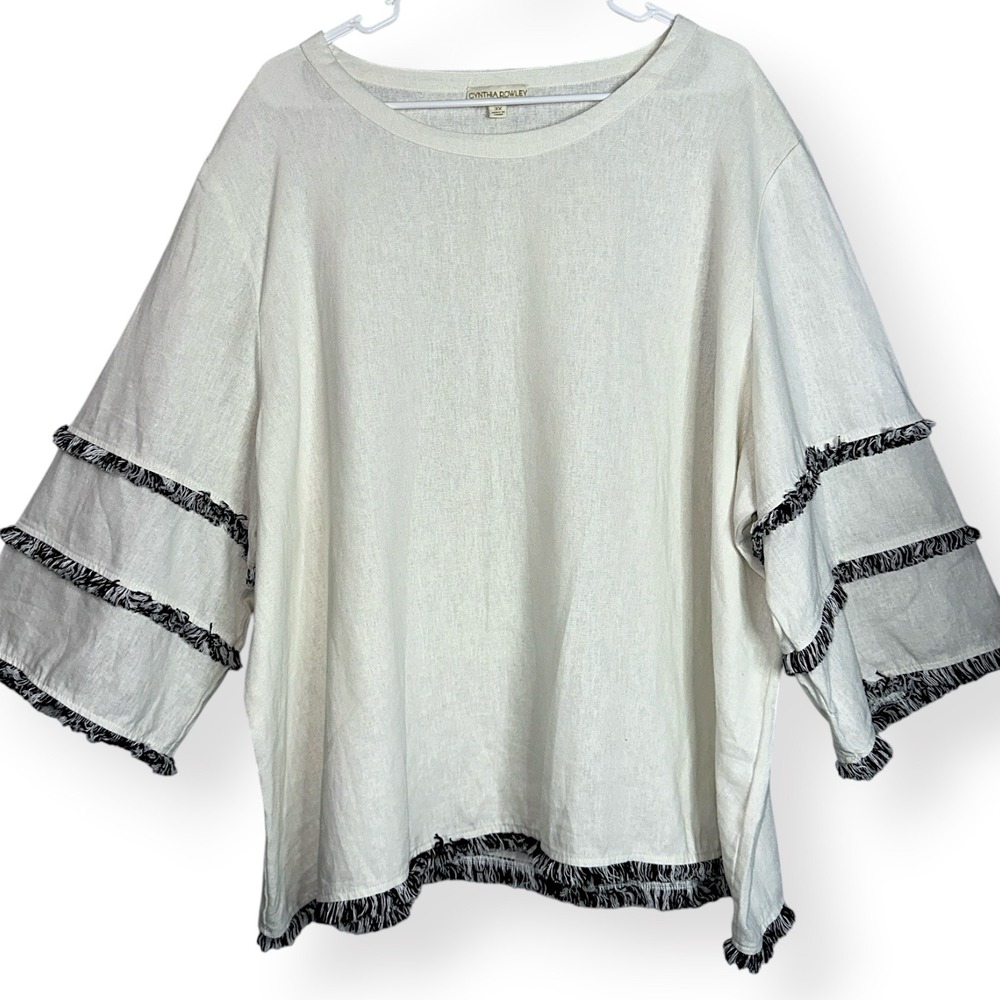 Cynthia Rowley White Linen Blend Fringed Tiered Sleeve Top Plus 3X Coastal Chic - Picture 3 of 7